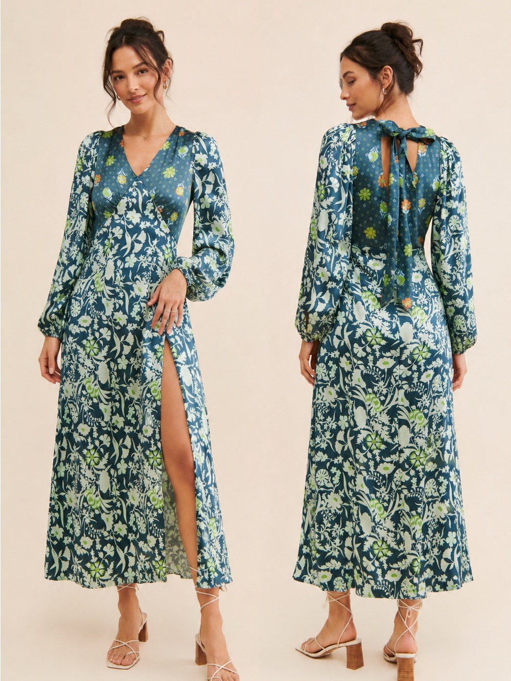 Damson Madder Stormi Tie Back Floral Maxi Dress Blue Green US 6